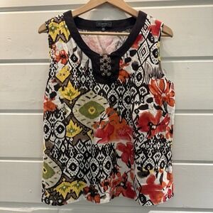 Elementz Women's Sleeveless Top Petite XL, ikat-style geometric print, floral